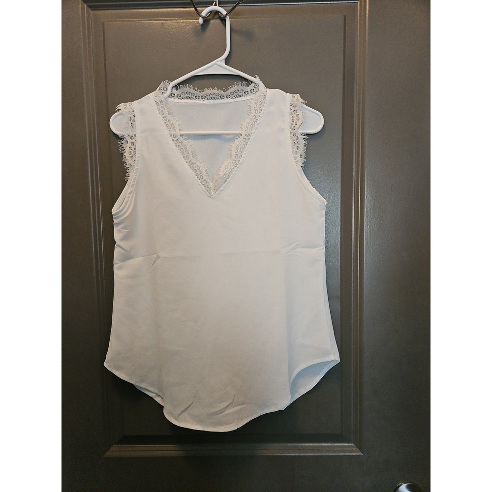 Lace Trim Top Sleeveless V-Neck Casual Blouse White flowy layering